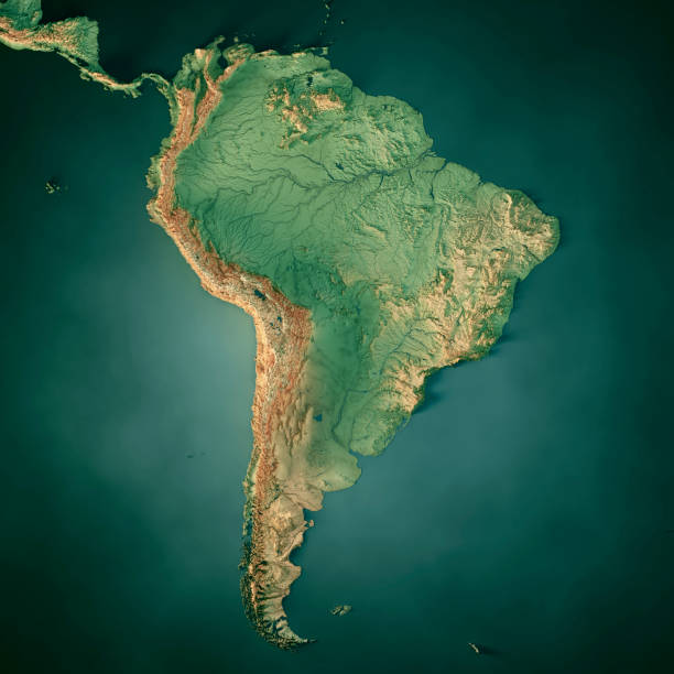 mapa topográfico del continente sudamericano render 3d color oscuro del océano - chile map topography topographic map fotografías e imágenes de stock