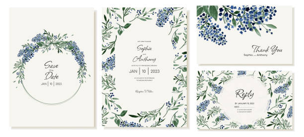 ilustrações de stock, clip art, desenhos animados e ícones de set of rustic wedding invitations, thank you and rsvp cards with field blue flowers and leaves. vector template. - nature herb flower arrangement cut flowers