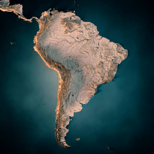 américa do sul continente mapa topográfico 3d render oceano escuro neutro - chile map topography topographic map - fotografias e filmes do acervo