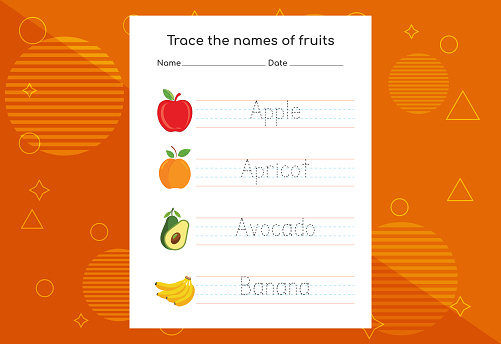 Trace the names of fruits. Handwriting practice for preschool kids.