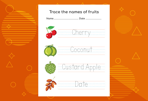 Trace the names of fruits. Handwriting practice for preschool kids.