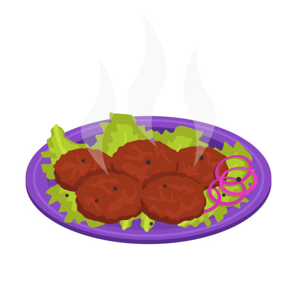 ilustrações de stock, clip art, desenhos animados e ícones de meat cutlets with greenery, and vegetables. - cooked barbecue eating serving