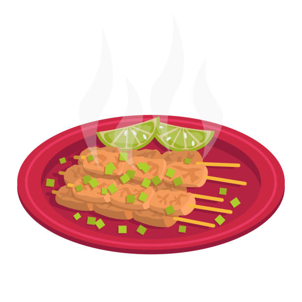 illustrazioni stock, clip art, cartoni animati e icone di tendenza di spiedini di pollo con lime e cipolle verdi. barbecue. - cooked barbecue eating serving