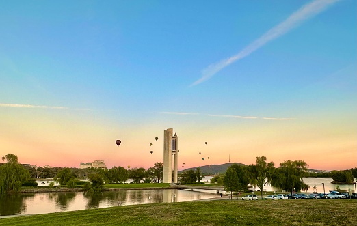 Hot air balloons over Australia capital city