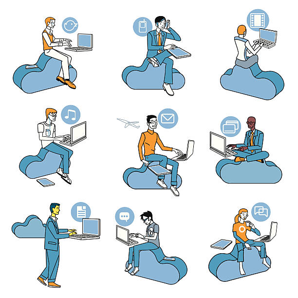 Cloud Computing Blue Men Set Nine men  access to Internet data in the cloud while they are sitting on blue clouds. Attitudes of professional work and leisure in social networks. Schematic illustrations nearly icons. satellite phone stock illustrations