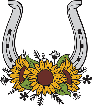 Horseshoe with Sunflowers Color (Floral Design). Vector Illustration.