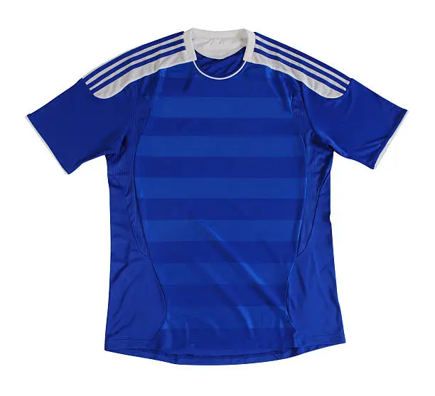 Blue soccer shirt isolated against white background.