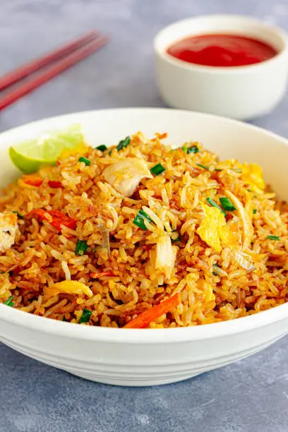 Asian Chicken and Egg Fried Rice, Healthy Comfort Meal Top Down Photo