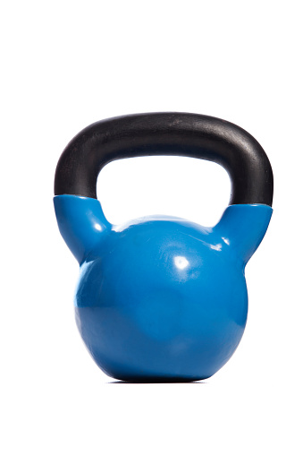 Cast iron kettle bell with blue plastic coating. Isolated on white, studio shot. Canon EOS 1Ds mark III