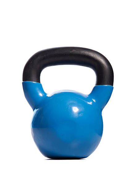 Kettlebell Cast iron kettle bell with blue plastic coating. Isolated on white, studio shot. Canon EOS 1Ds mark III kettlebell stock pictures, royalty-free photos & images