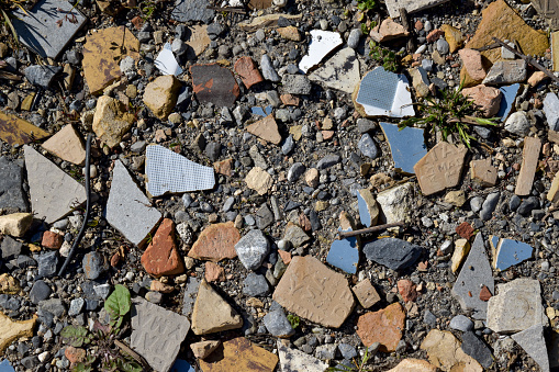 some ceramic fragments scattered on the ground.