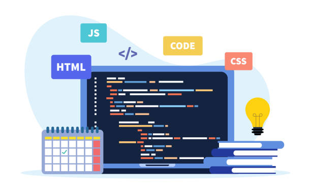 developer Web development and coding. programming languages. CSS, HTML, JS. program code on screen laptop. vector illustration. india train stock illustrations