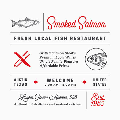 Fish Restaurant Signs, Titles, Inscriptions and Menu Decoration Elements Set. Premium Quality Retro Typography Layout with Hand Drawn Food Icons and Symbols. Vintage Salmon Label Template. Isolated.