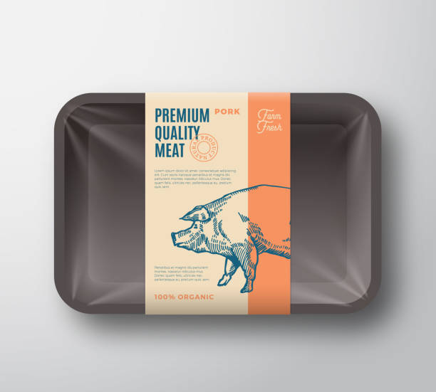 ilustrações de stock, clip art, desenhos animados e ícones de premium quality pork pack. abstract vector meat plastic tray container with cellophane cover. packaging design label. modern typography and hand drawn pig silhouette background layout. - butchers shop meat store farm