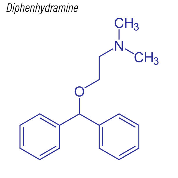 ilustraciones, imágenes clip art, dibujos animados e iconos de stock de vector fórmula esquelética de difenhidramina. molécula química de la droga. - unisom