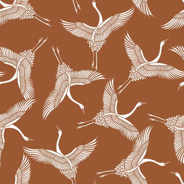 ilustraciones, imágenes clip art, dibujos animados e iconos de stock de pájaros grulla marrón y blanca patrón vectorial sin costuras - traditional culture heron bird animal