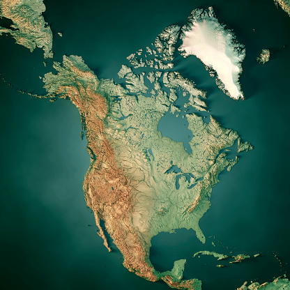 3D Render of a Topographic Map of North America.  
All source data is in the public domain.
Color texture: Made with Natural Earth.
http://www.naturalearthdata.com/downloads/10m-raster-data/10m-cross-blend-hypso/
Relief texture: GMTED 2010 data courtesy of USGS. URL of source image:
https://topotools.cr.usgs.gov/gmted_viewer/viewer.htm
Water texture: Made with Natural Earth.
https://www.naturalearthdata.com/downloads/10m-physical-vectors/