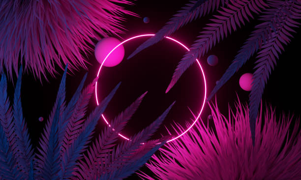 istock 3D Render of Neon circle in dark tropical forest, pink neon 1478057582