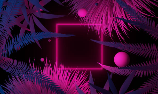 istock 3D Render of Neon squere in dark tropical forest, pink neon 1478057583
