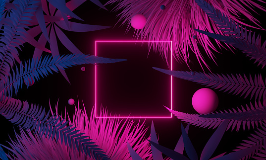 Neon shiny geometry squere in dark tropical forest with spheres
