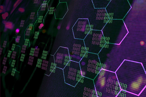 Connected graphic hexagon shapes with binary data on bright screen style coloured background.