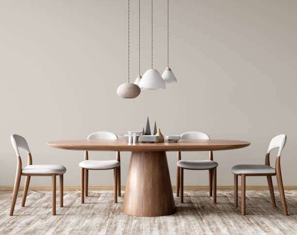 istock Interior of modern dining room, dining table and white chairs in room with beige wall. 3d rendering 1478058057