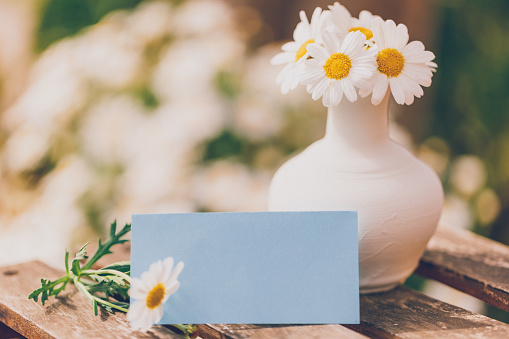 Cute vase with white daisies and an empty blue paper as a mockup for your Easter, spring or summer text message on a small rustic table. Creative color editing. Very soft and selective focus. Part of a series.