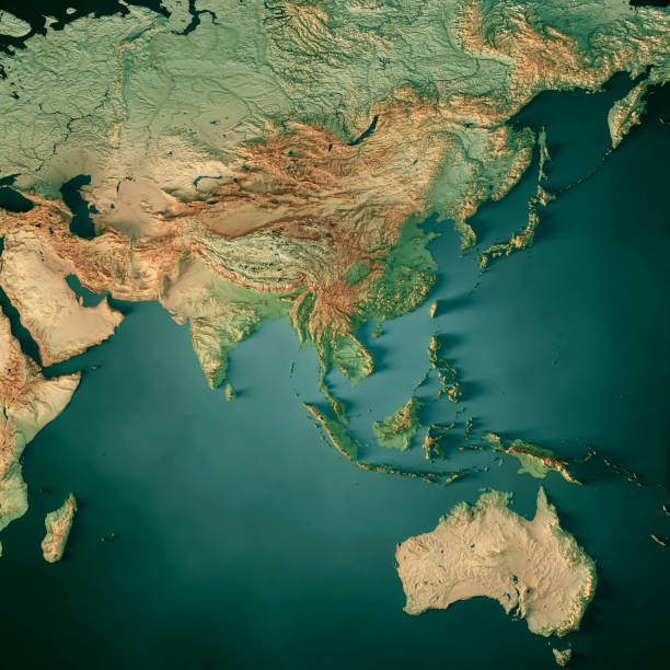 Asia Australia Topographic Map 3D Render Dark Ocean Color