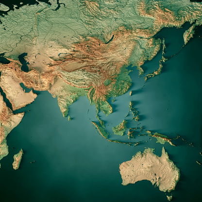 3D Render of a Topographic Map of Asia and Australia.  \nAll source data is in the public domain.\nColor texture: Made with Natural Earth.\nhttp://www.naturalearthdata.com/downloads/10m-raster-data/10m-cross-blend-hypso/\nRelief texture: GMTED 2010 data courtesy of USGS. URL of source image:\nhttps://topotools.cr.usgs.gov/gmted_viewer/viewer.htm\nWater texture: SRTM Water Body SWDB: https://dds.cr.usgs.gov/srtm/version2_1/SWBD/