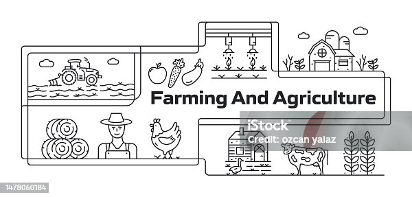 istock Farming And Agriculture Modern Line Banner with icons. Farmer , Barn , Livestock , Tractor , Hay Bale , Farmland , Egg , Flour 1478060184
