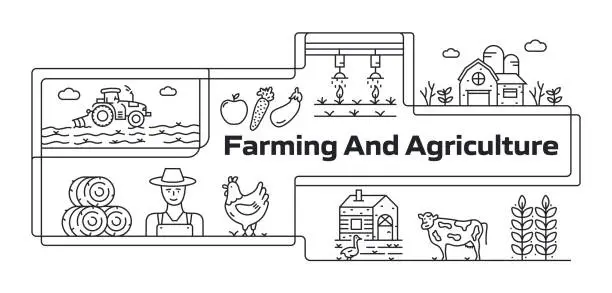 Vector illustration of Farming And Agriculture Modern Line Banner with icons. Farmer , Barn , Livestock , Tractor , Hay Bale , Farmland , Egg , Flour