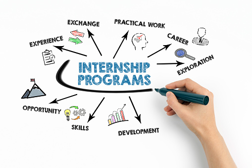 Internship Programs Concept. Chart with keywords and icons on white background.