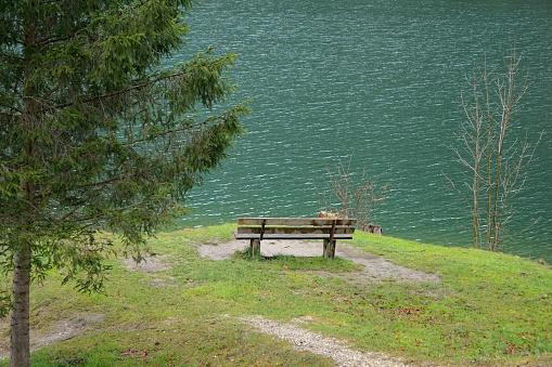 Lake Reintaler in early spring. Austrian lake with green water. Green lake. Wooden bench on the lake shore. Walk around Lake Reintaler.