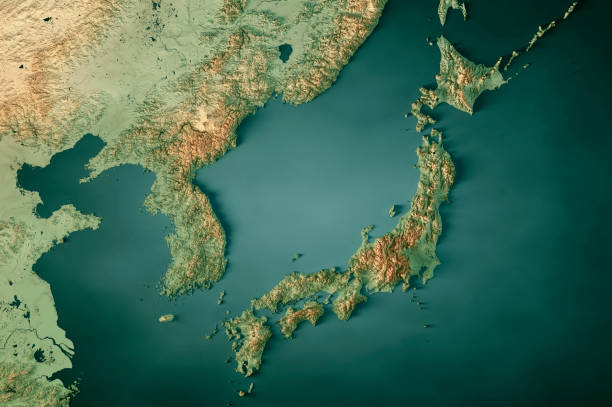 japón corea mapa topográfico horizontal 3d render color océano oscuro - característica de la tierra fotografías e imágenes de stock