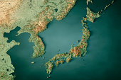 Japan Korea Topographic Map Horizontal 3D Render Dark Ocean Color