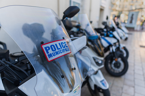 French municipal police bikes lined up outside a police station in Cannes, France - October 5th 2022