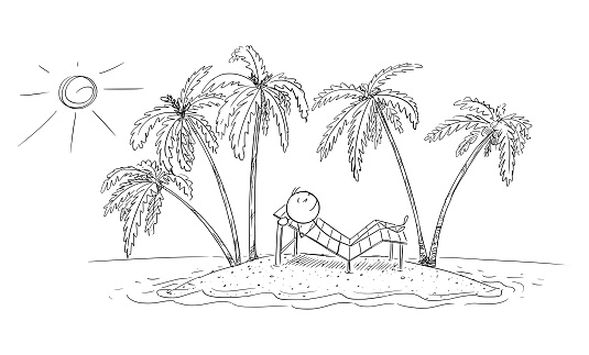 Person enjoying vacation alone on tropical island, vector cartoon stick figure or character illustration.