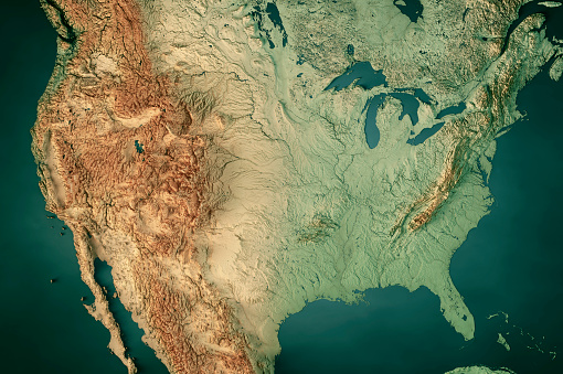 3D Render of a Topographic Map of the United States of America.  \nAll source data is in the public domain.\nColor texture: Made with Natural Earth.\nhttp://www.naturalearthdata.com/downloads/10m-raster-data/10m-cross-blend-hypso/\nRelief texture: GMTED 2010 data courtesy of USGS. URL of source image:\nhttps://topotools.cr.usgs.gov/gmted_viewer/viewer.htm\nWater texture: SRTM Water Body SWDB: https://dds.cr.usgs.gov/srtm/version2_1/SWBD/