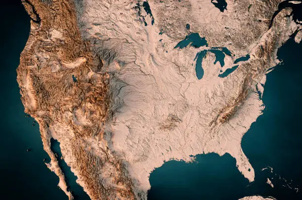 3D Render of a Topographic Map of the United States of America.  
All source data is in the public domain.
Color texture: Made with Natural Earth.
http://www.naturalearthdata.com/downloads/10m-raster-data/10m-cross-blend-hypso/
Relief texture: GMTED 2010 data courtesy of USGS. URL of source image:
https://topotools.cr.usgs.gov/gmted_viewer/viewer.htm
Water texture: SRTM Water Body SWDB: https://dds.cr.usgs.gov/srtm/version2_1/SWBD/