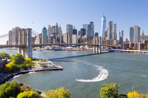 New York City skyline. Manhattan Skyscrapers panorama and Brooklyn bridge