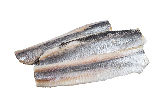 Pickled marinated sea herring fillet.  Isolated on white background