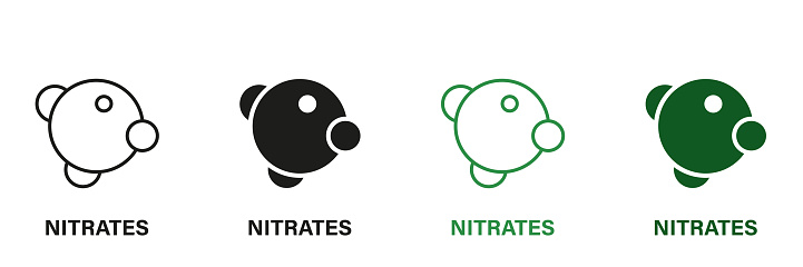 Nitrite Ingredient Line and Silhouette Icon Set. Organic Nutrition Green and Black Pictogram. Molecular Nitrates Additives Symbol Collection on White Background. Isolated Vector Illustration.