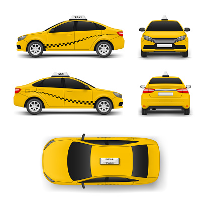 Taxi car yellow cab automobile passenger city transportation front side back view set realistic vector illustration. Transport urban travel service auto vehicle street driving checkered conveyance