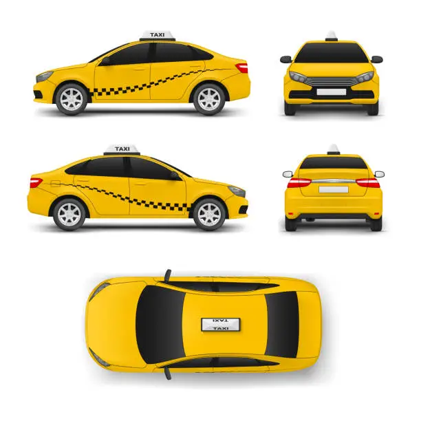 Vector illustration of Taxi car yellow cab automobile passenger city transportation front side back set realistic vector