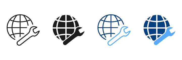Network Settings Black and Color Pictogram. Internet Settings Symbol Collection. Globe and Wrench Line and Silhouette Icon Set. Isolated Vector Illustration.
