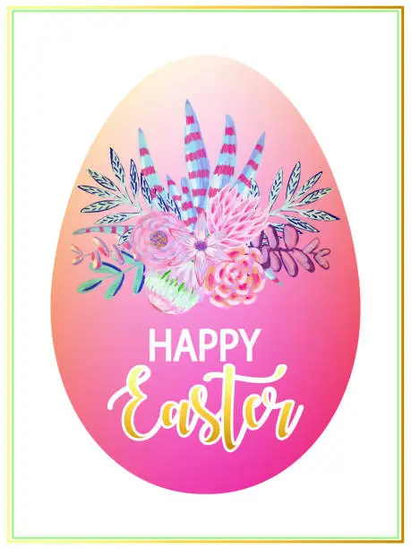 Vector illustration of Happy Easter Greeting Card with Easter Egg and Flowers. Easter Concept, Design Element for Greeting and Invitation Cards.