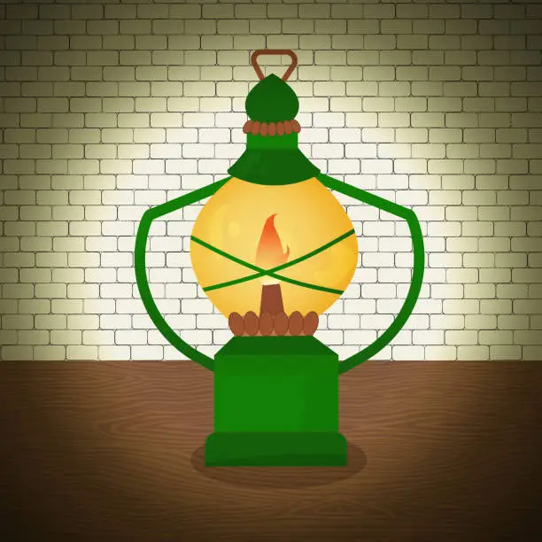 Vector illustration of green kerosene lamp on the background of a brick wall on a wooden table in cartoon style