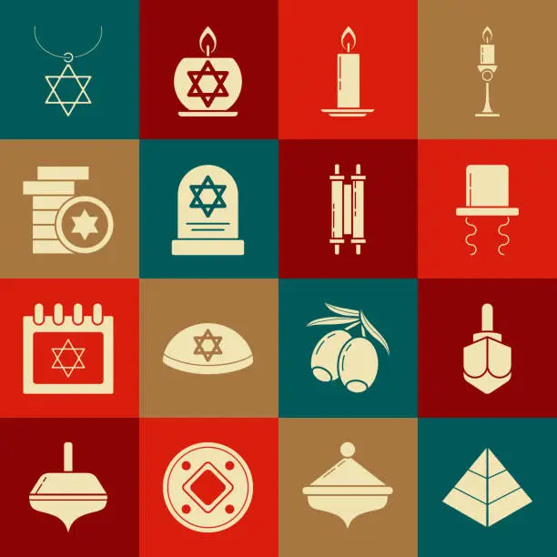 Vector illustration of Set Egypt pyramids, Hanukkah dreidel, Orthodox jewish hat with sidelocks, Burning candle in candlestick, Tombstone star of david, Jewish coin, Star David necklace chain and Torah scroll icon. Vector