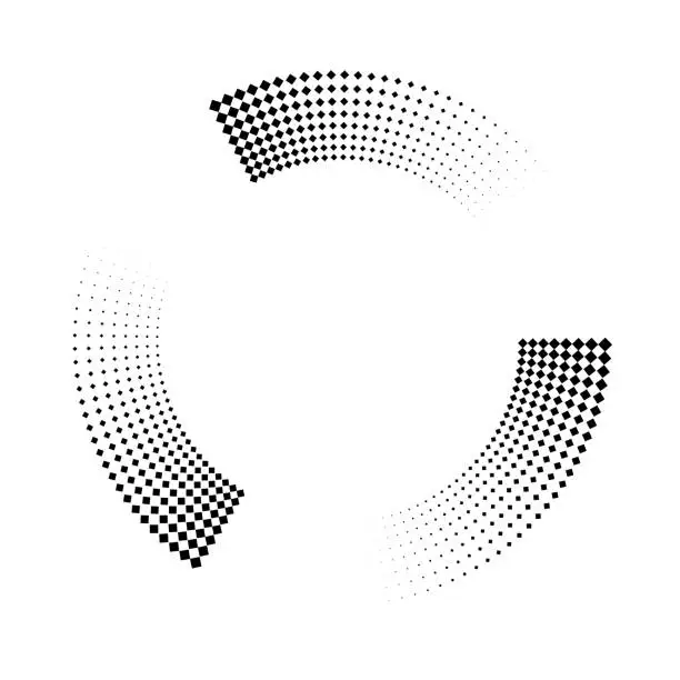 Vector illustration of Three circle sections made of diamond shape duotone dots