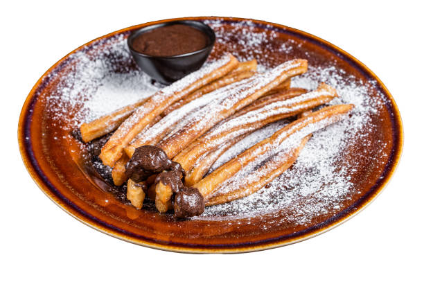 istock Spanish tapas churros with sugar and chocolate sauce.  Isolated on white background. 1478074575
